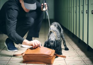 a man kneeling down next to a dog sniffing a purse