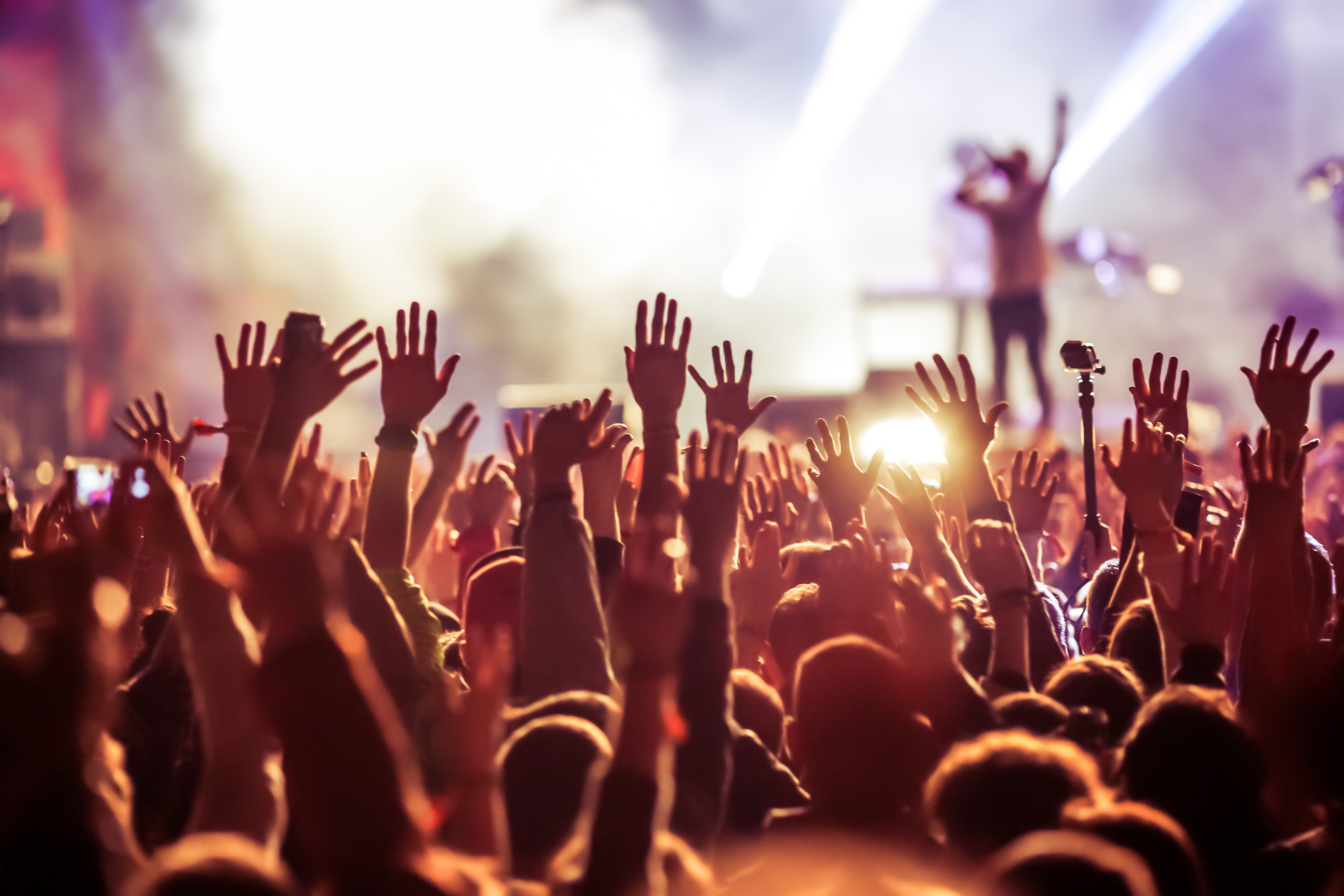 a crowd at a concert with their hands in the air